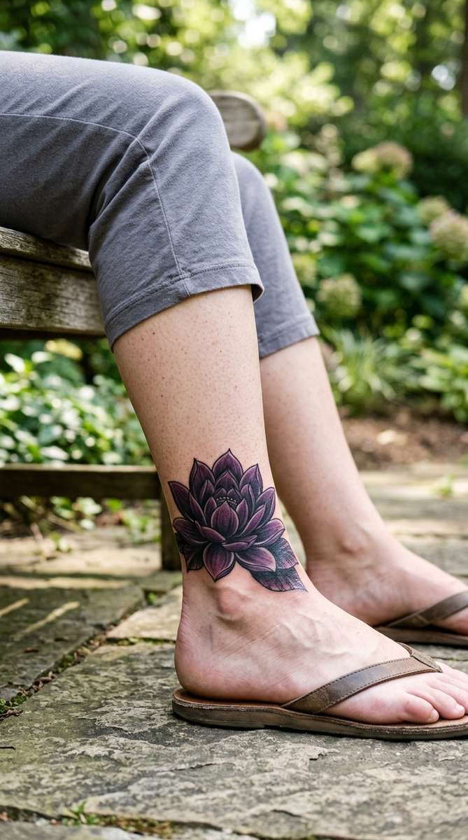 A woman's ankle with a blooming lotus tattoo radiating over the spot where a name was.