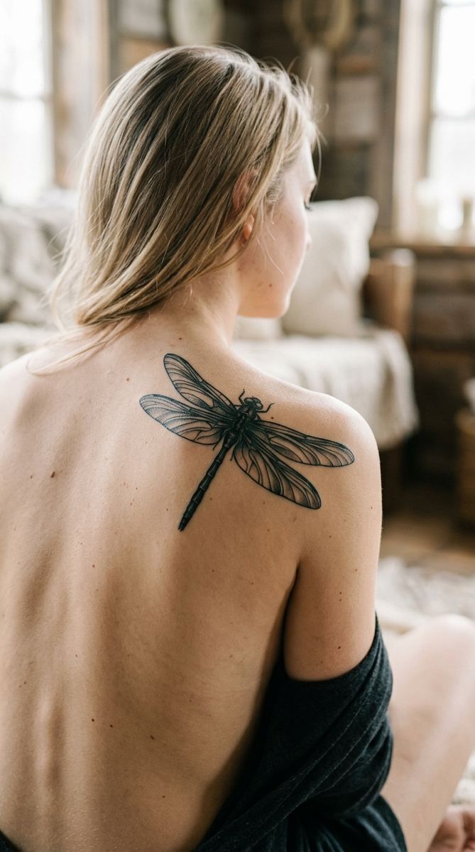 A woman's shoulder blade with a dragonfly tattoo spreading over an old name placement.
