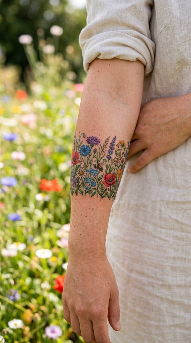 A woman's forearm with a wildflower meadow band tattoo densely covering where a name used to run.