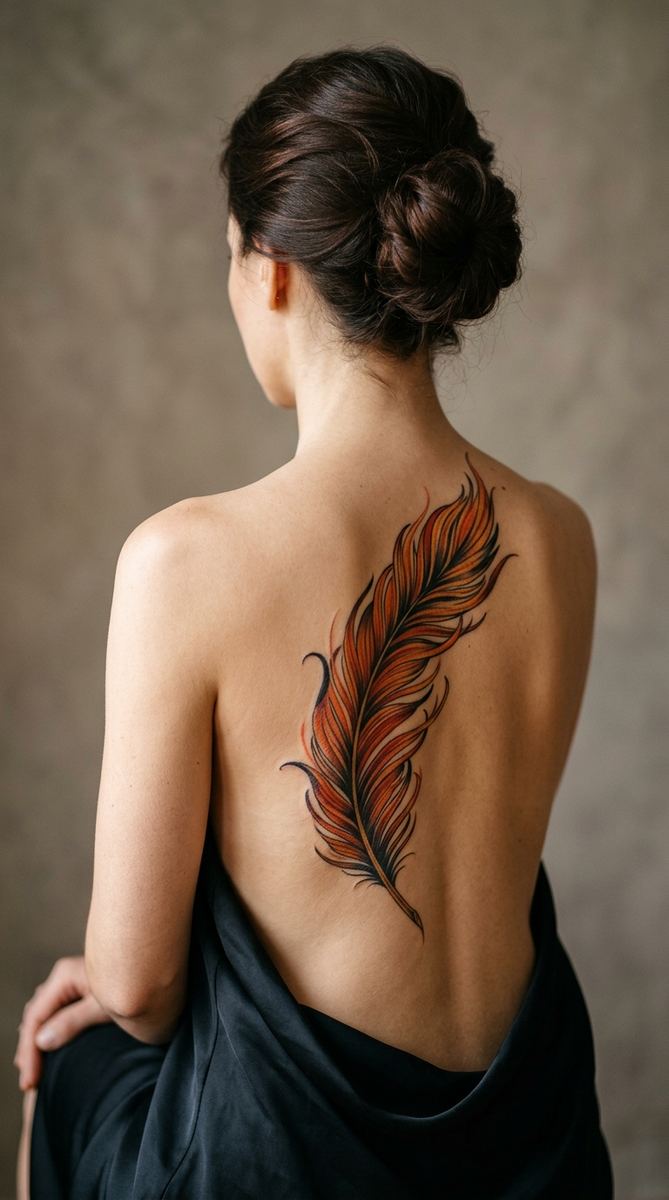A woman's back with a single phoenix feather tattoo flowing over an old name area.