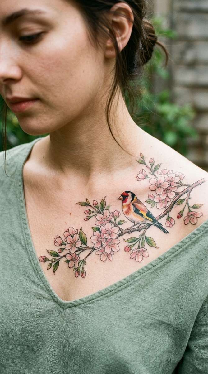 A woman's collarbone with a small songbird perched on a blossoming branch tattoo over an old name.