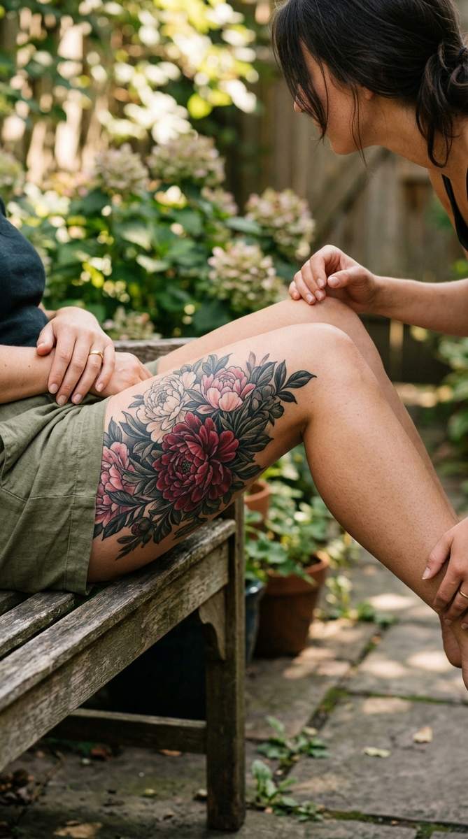 A woman's thigh with a large peony and leaves tattoo layered thickly over an old name.