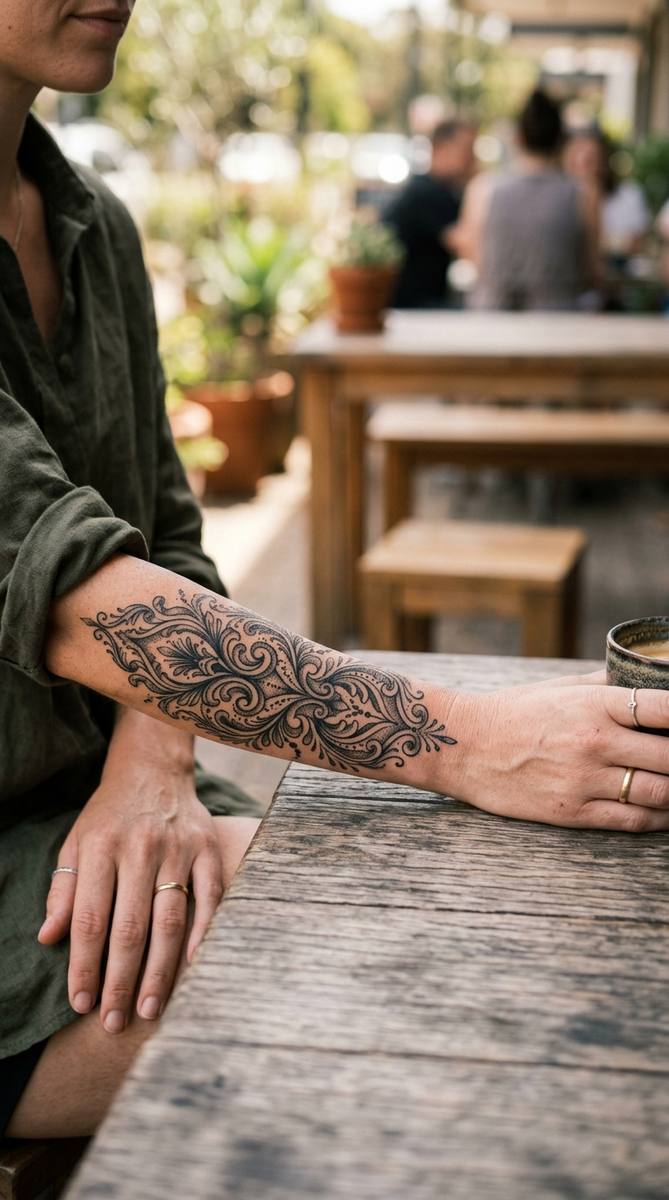 A woman's forearm with an ornamental filigree tattoo flowing horizontally where a name once was.