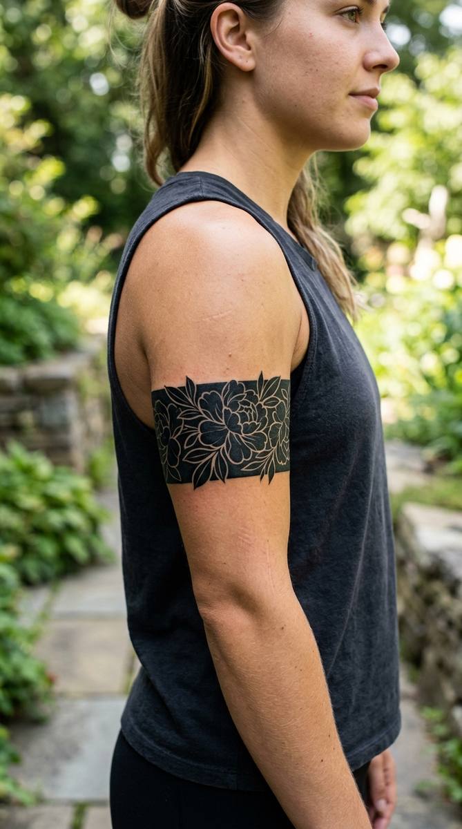 A woman's upper arm with a blackwork floral band tattoo wrapping where an old name ran.