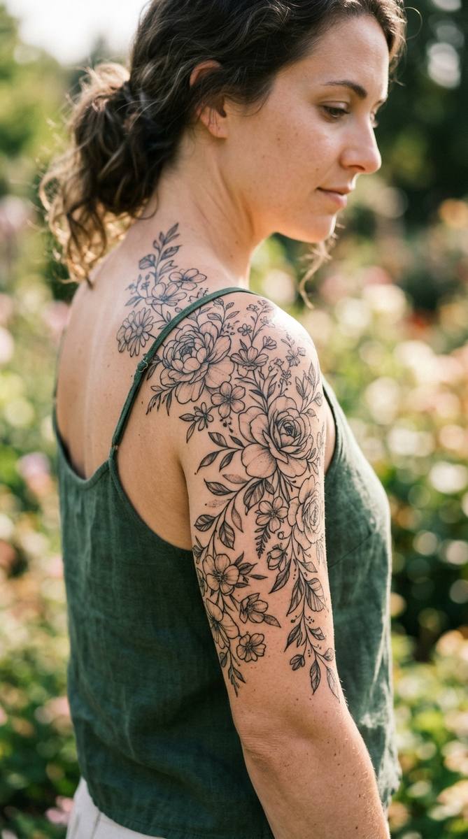 A floral cascade tattoo flowing from a woman's shoulder down her upper arm.