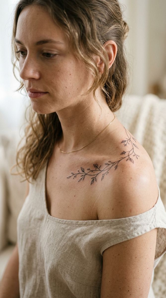 A thin botanical vine tattoo trailing from a woman's collarbone over her shoulder.
