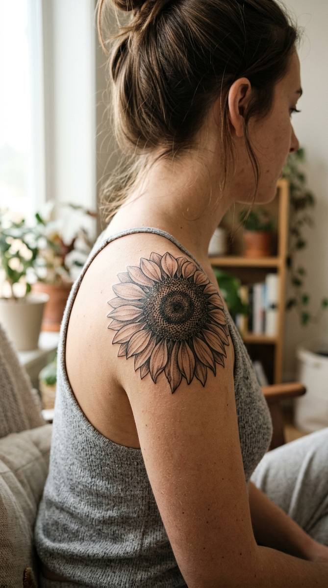 A sunflower tattoo in warm black and grey tones on a woman's shoulder cap.