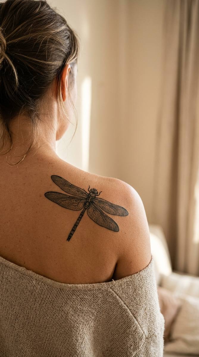 A dragonfly tattoo with intricate veined wings resting on a woman's shoulder.