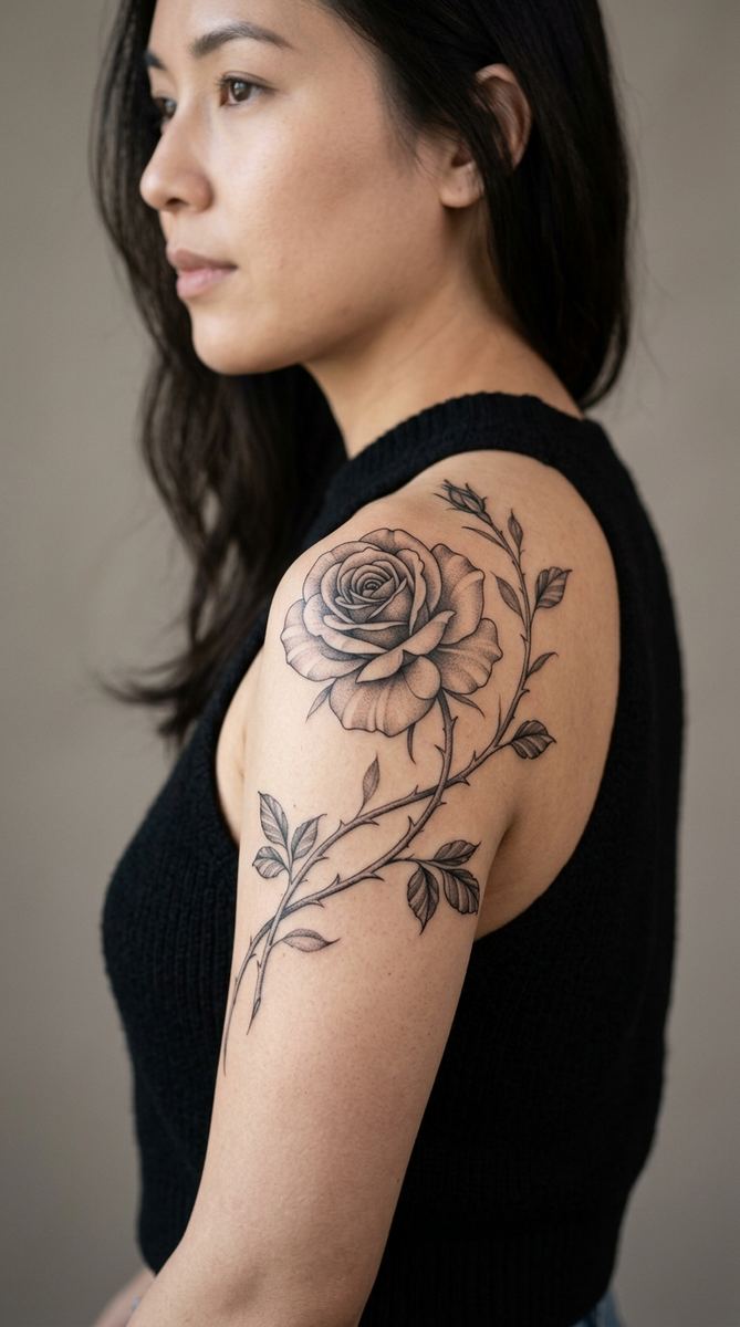 A rose and thorn tattoo wrapping over a woman's shoulder.