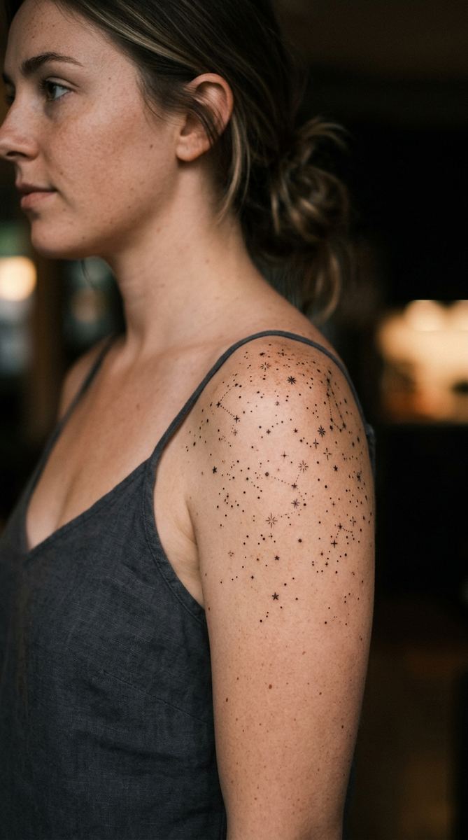 A small starscape tattoo scattered across a woman's shoulder and upper arm.