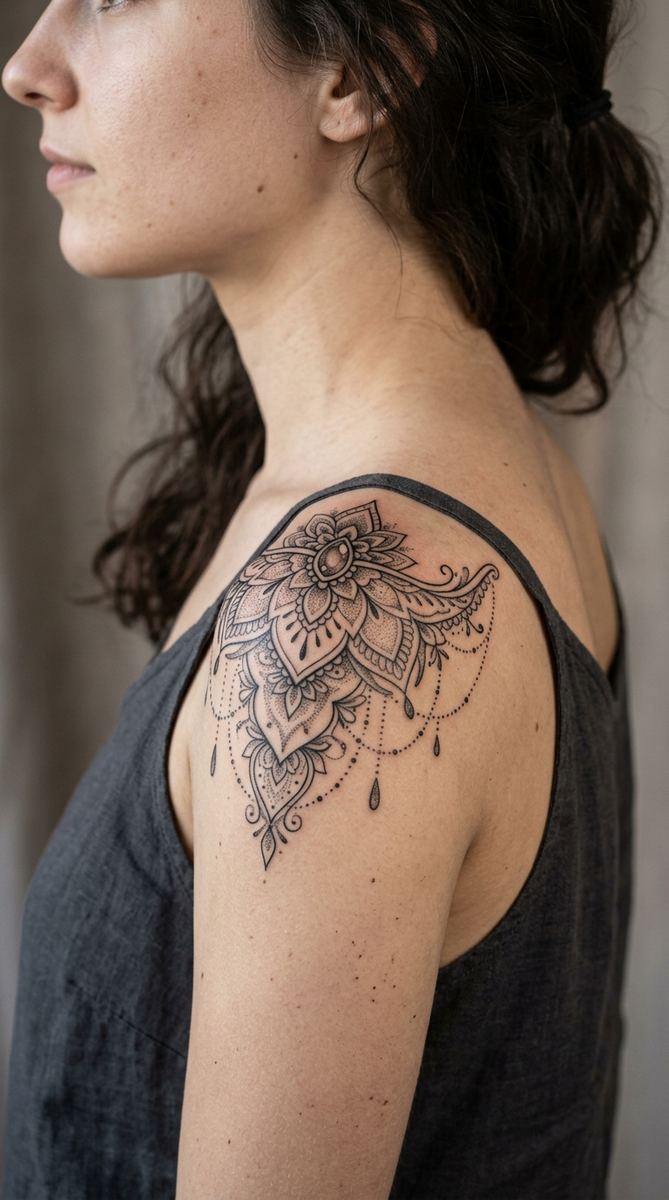 An ornamental jewel-style tattoo on a woman's shoulder cap.