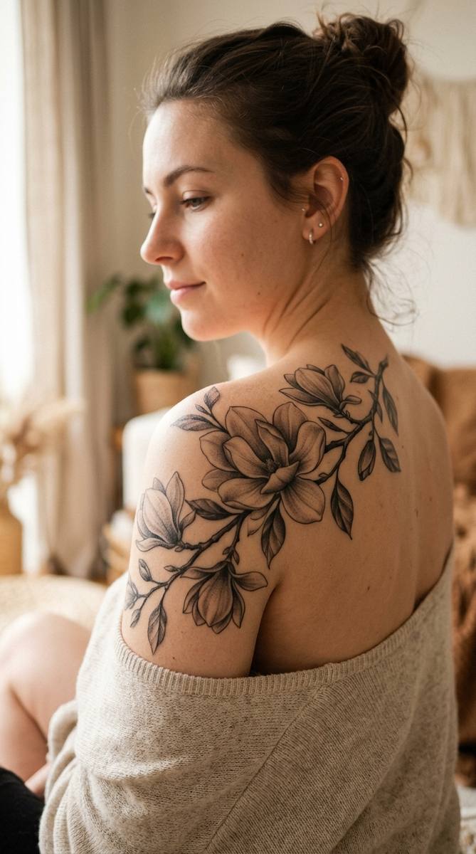 A magnolia branch tattoo draping over a woman's shoulder.