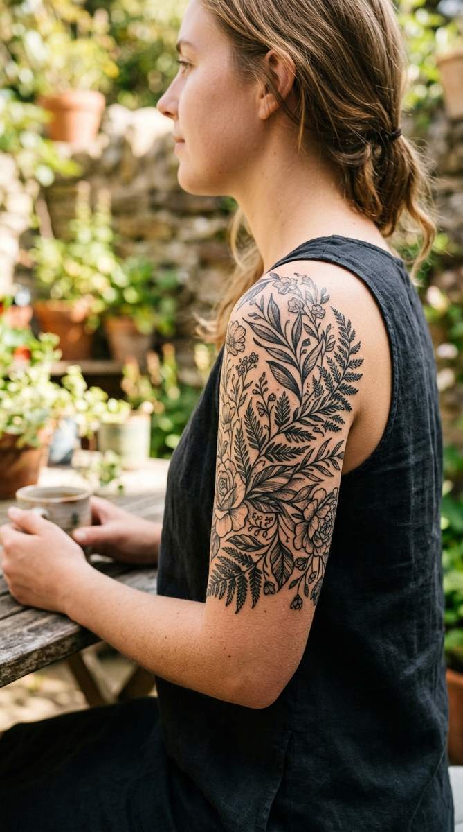 Woman's upper arm with a bold botanical half-sleeve tattoo