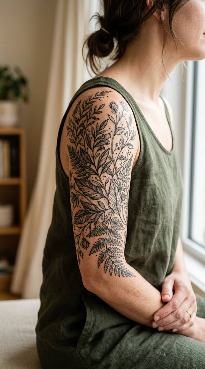 Black ink botanical half-sleeve tattoo with detailed leaves on a woman's upper arm