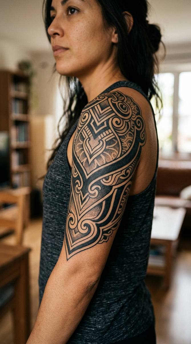 Bold blackwork ornamental sleeve tattoo with thick black patterns on a woman's upper arm