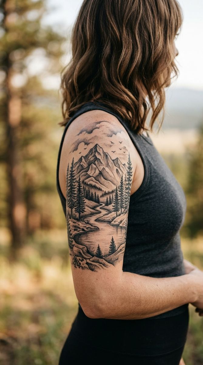 Nature scene sleeve tattoo with mountains, pine trees and birds on a woman's upper arm