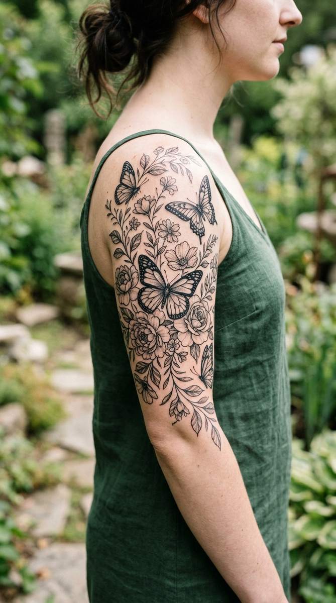 Butterfly garden sleeve tattoo with multiple butterflies and flowers on a woman's upper arm