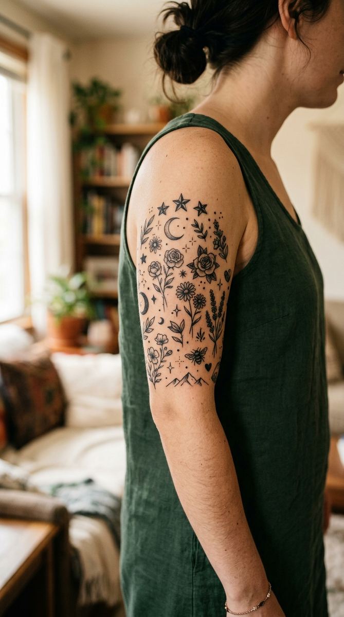 Patchwork sleeve tattoo with small separate designs like stars and moons on a woman's upper arm