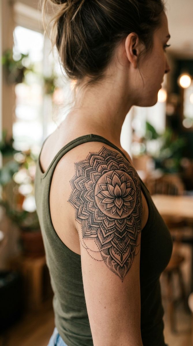 Mandala shoulder cap sleeve tattoo with intricate circular geometric patterns on a woman's upper arm
