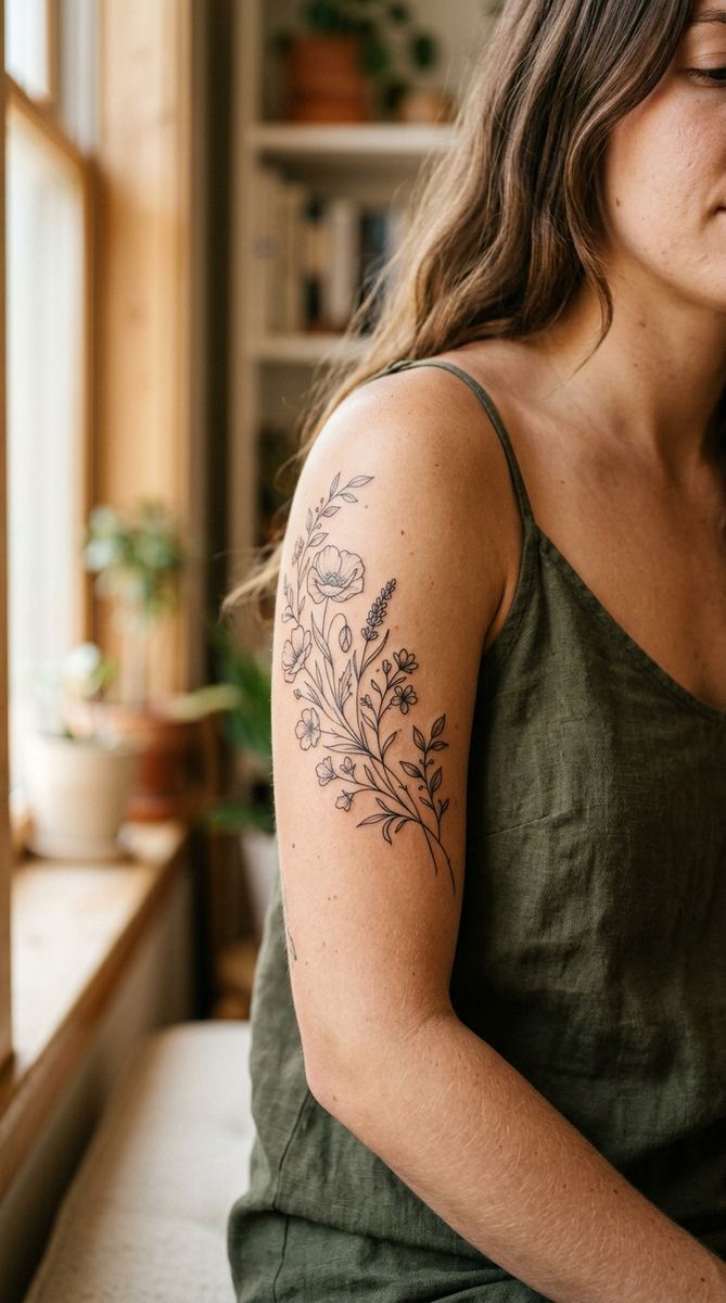 A woman's upper arm with an elegant fine-line floral tattoo in soft natural window light.