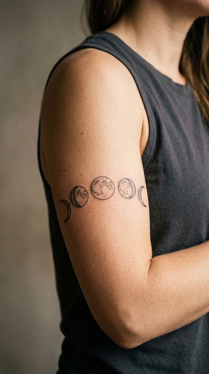 A moon phase arc tattoo in fine black lines curving along a woman's upper arm.