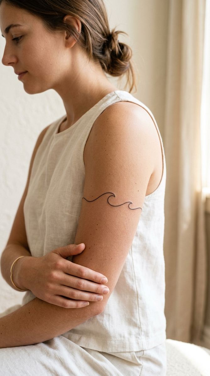A single continuous wave line tattoo wrapping around a woman's upper arm.