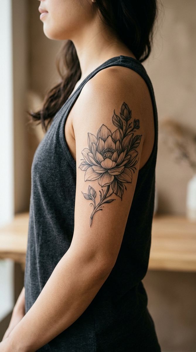 A lotus blossom tattoo in soft black and grey shading on a woman's upper arm.