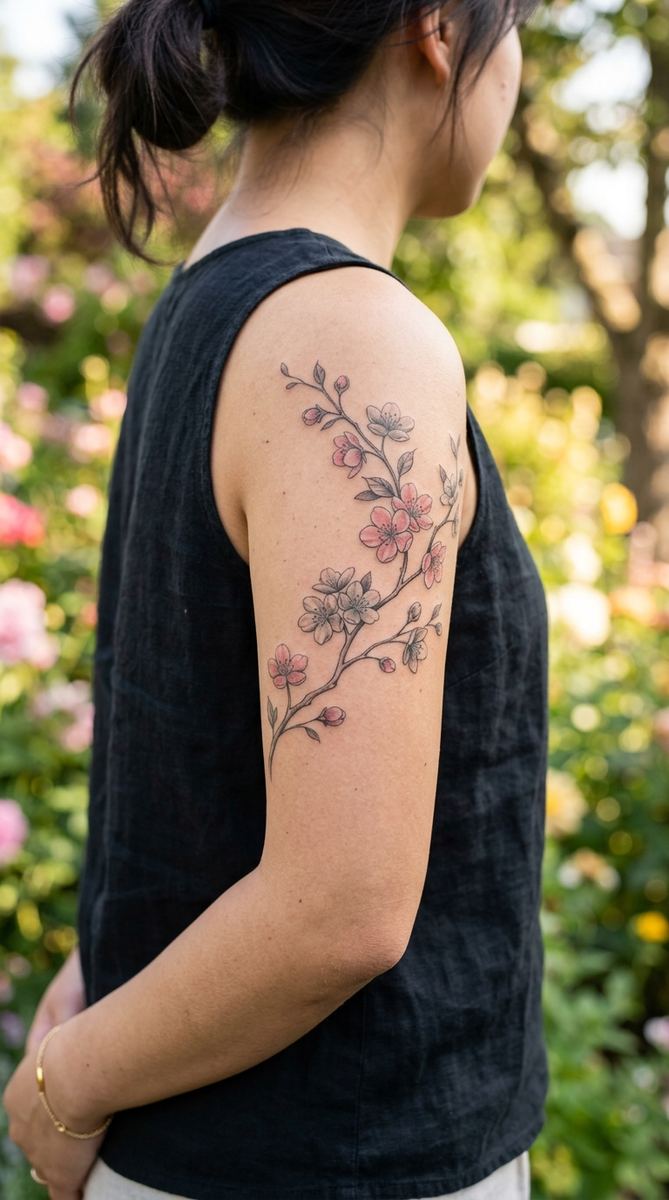 A cherry blossom branch tattoo with small pink-grey blossoms on a woman's upper arm.