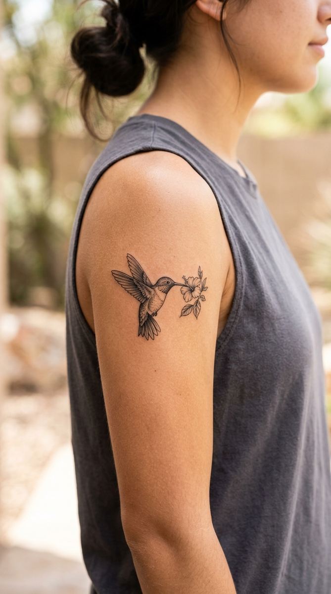 A small hummingbird tattoo hovering above a tiny flower on a woman's upper arm.