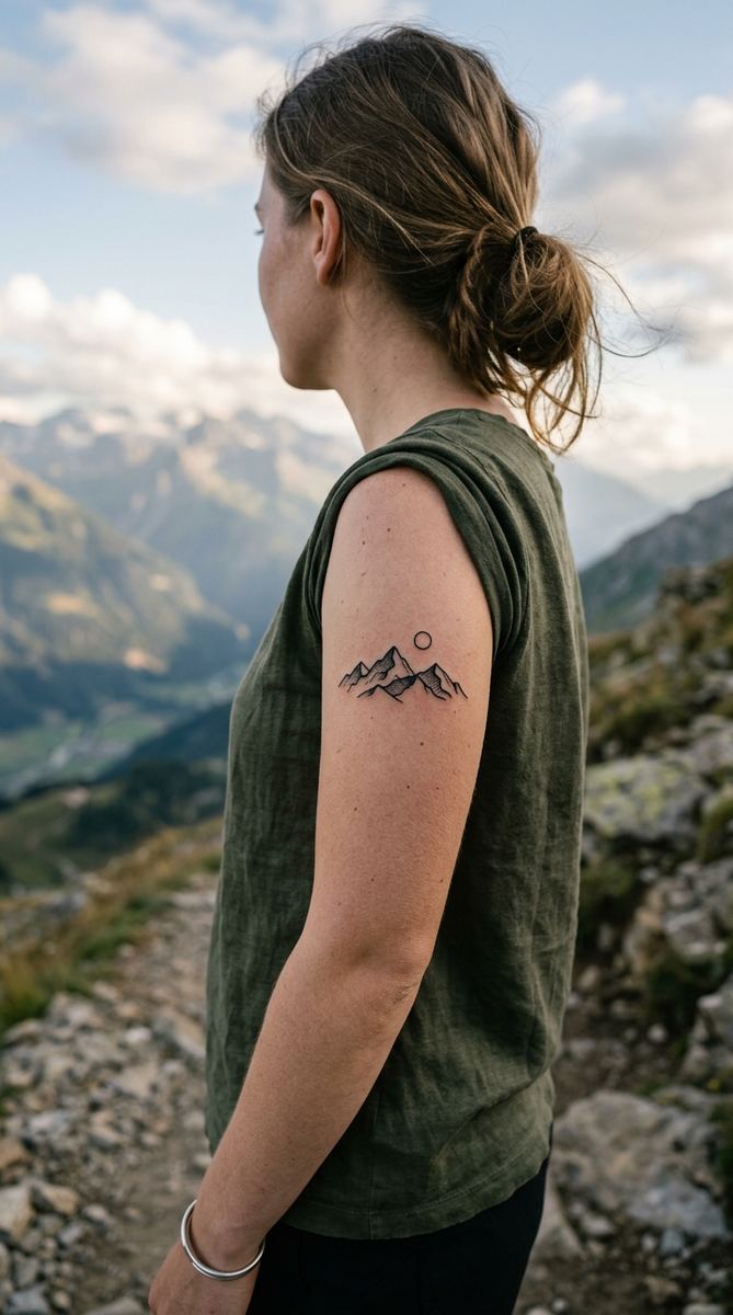 A small mountain silhouette tattoo in clean black linework on a woman's upper arm.
