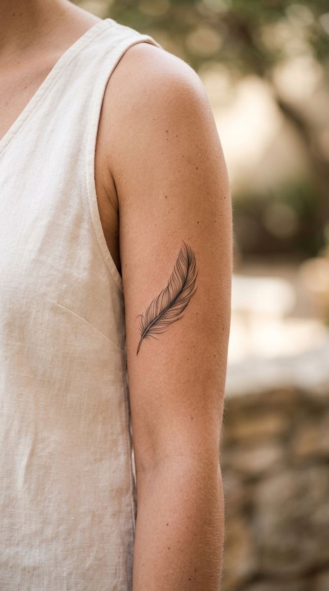 A dainty feather tattoo in fine black linework resting along a woman's upper arm.