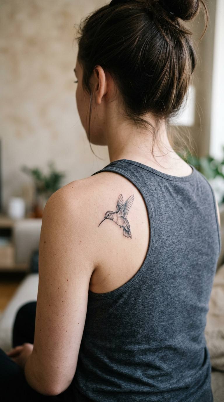 Tiny Hummingbird tattoo idea for women