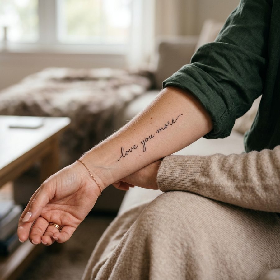"Love You More" Script tattoo idea for women