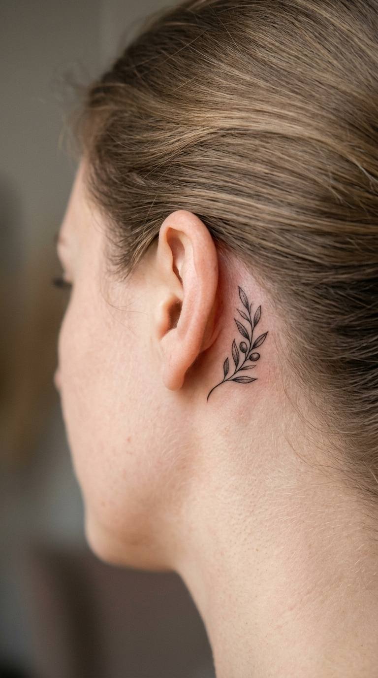 Micro Branch Behind the Ear tattoo idea for women