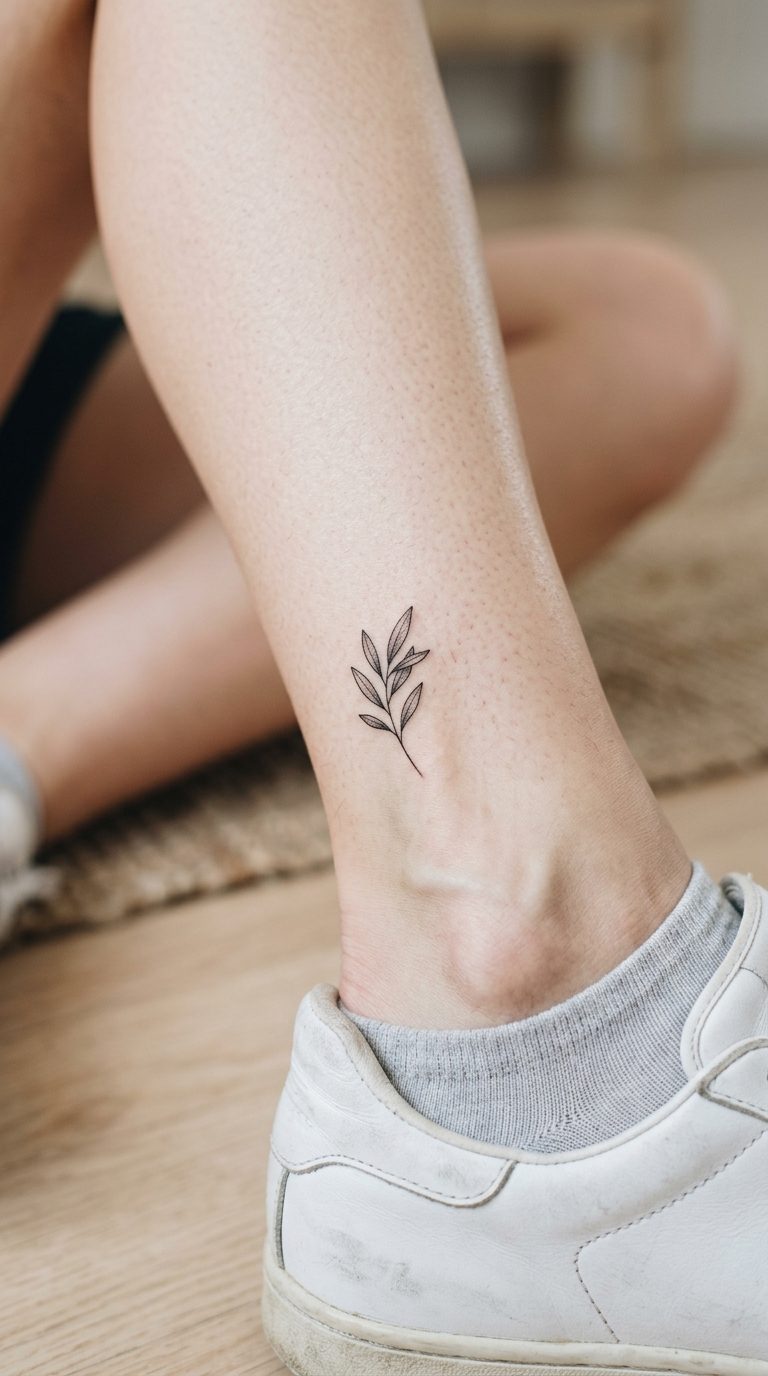 Tiny Ankle Sprig tattoo idea for women