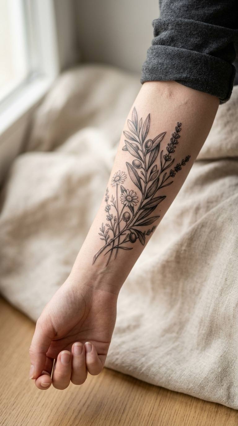 Olive Branch and Wildflowers tattoo idea for women