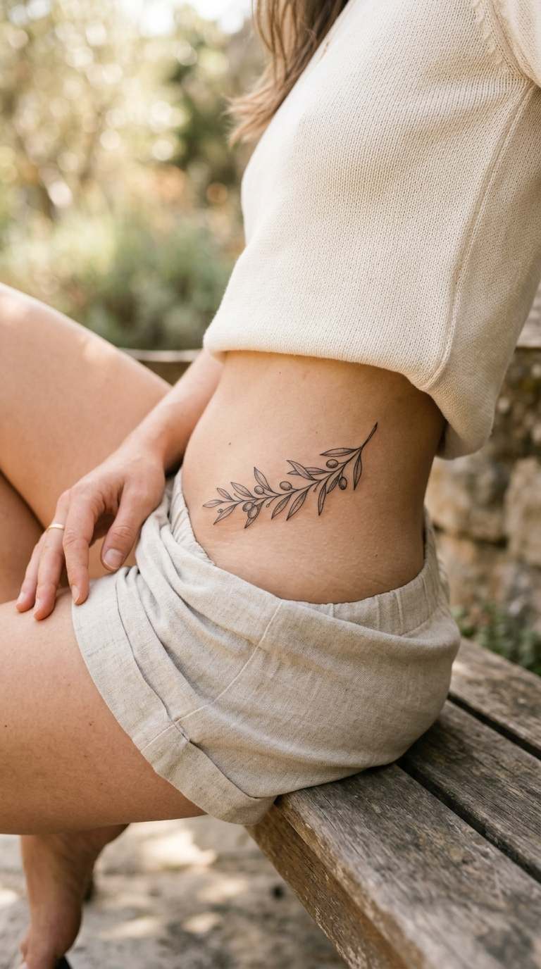Delicate Hip Branch tattoo idea for women