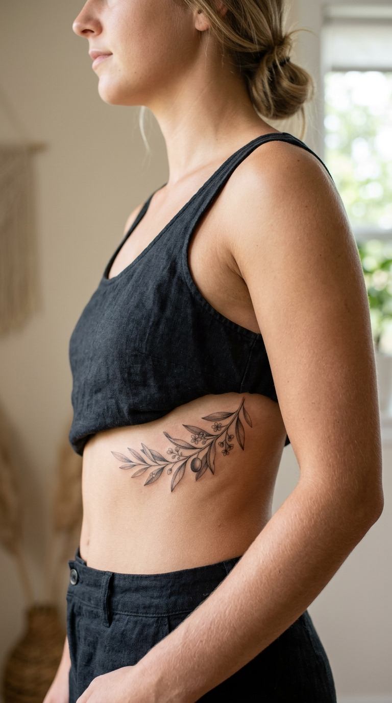 Rib Branch with Flowers tattoo idea for women