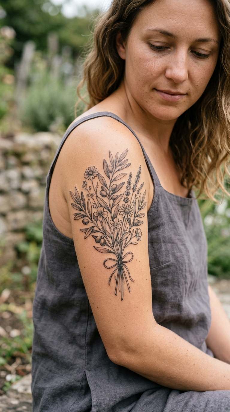 Wildflower Branch Bouquet tattoo idea for women