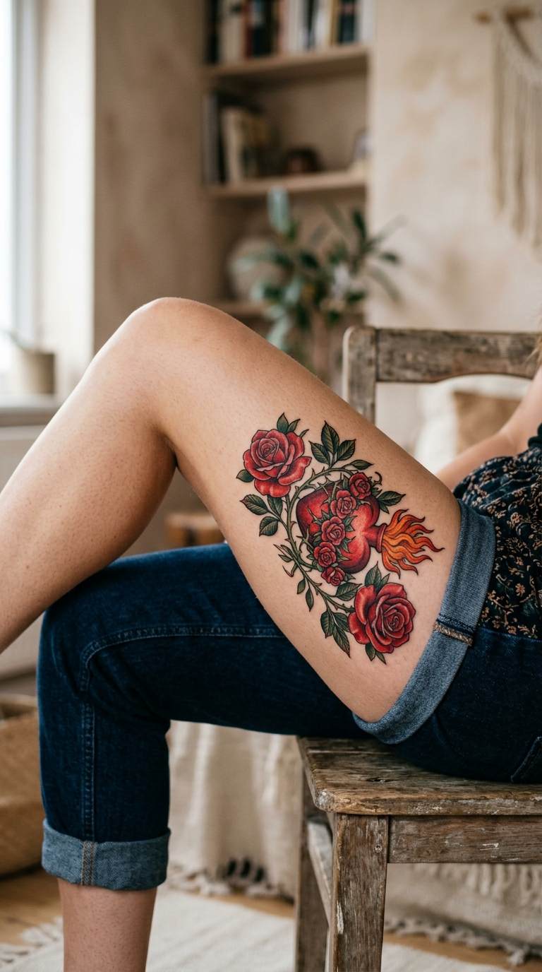 Sacred Heart with Roses tattoo idea for women