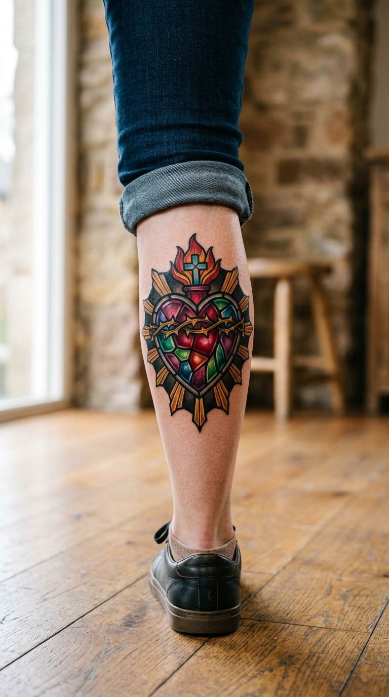 Stained Glass Sacred Heart tattoo idea for women