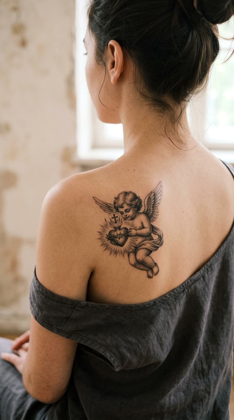 Cherub-Guarded Heart tattoo idea for women