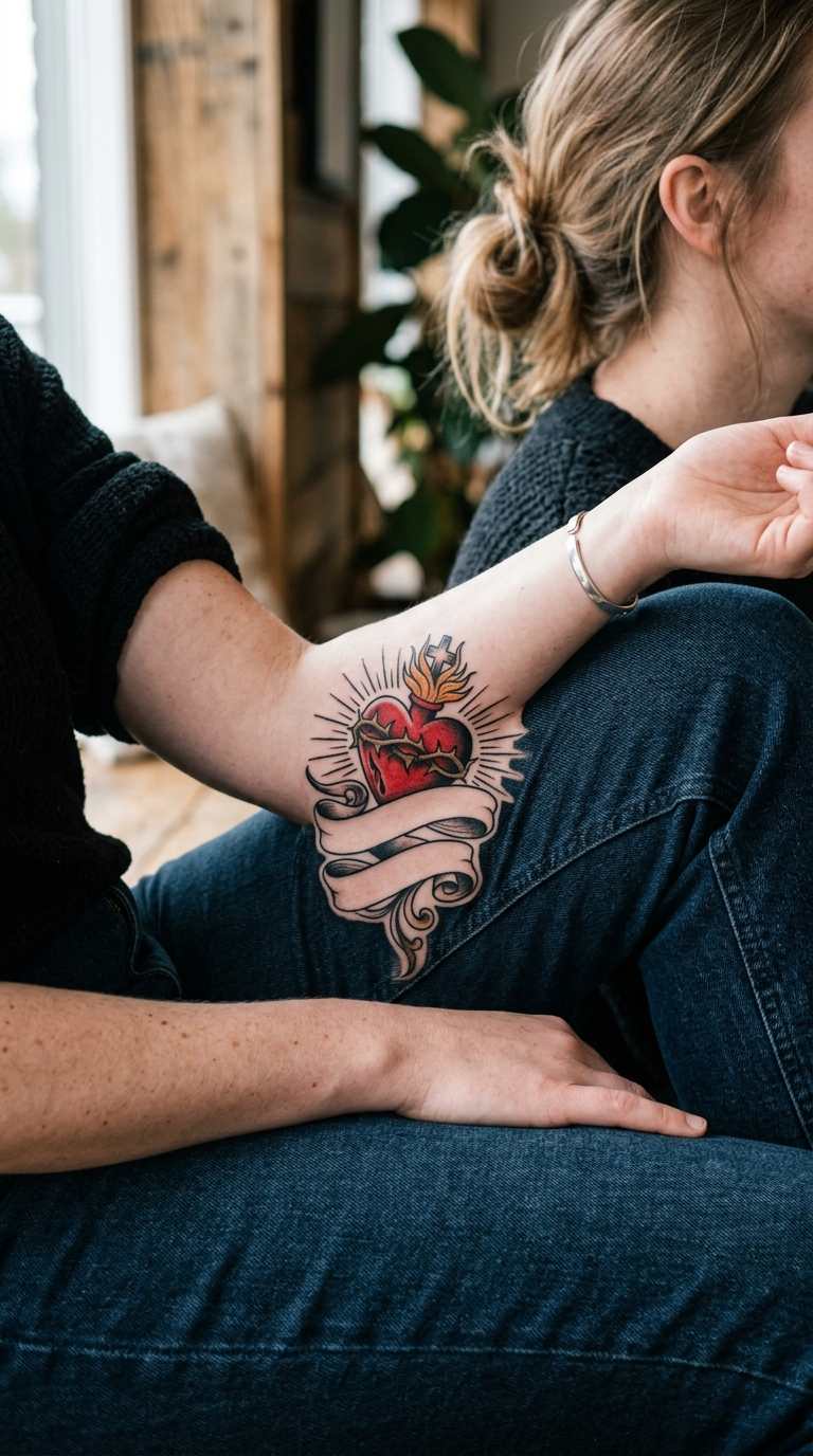 Sacred Heart with Banner tattoo idea for women