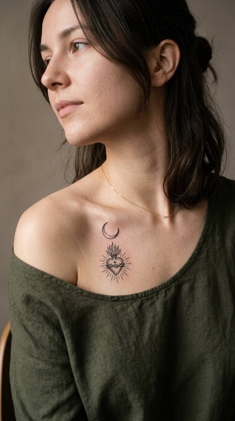 Moonlit Sacred Heart tattoo idea for women