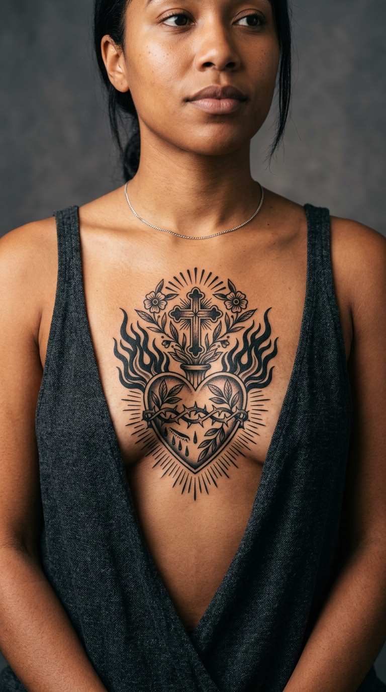 Symmetric Sacred Heart tattoo idea for women