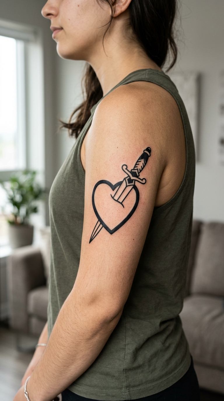 Bold Outline Dagger Heart tattoo idea for women