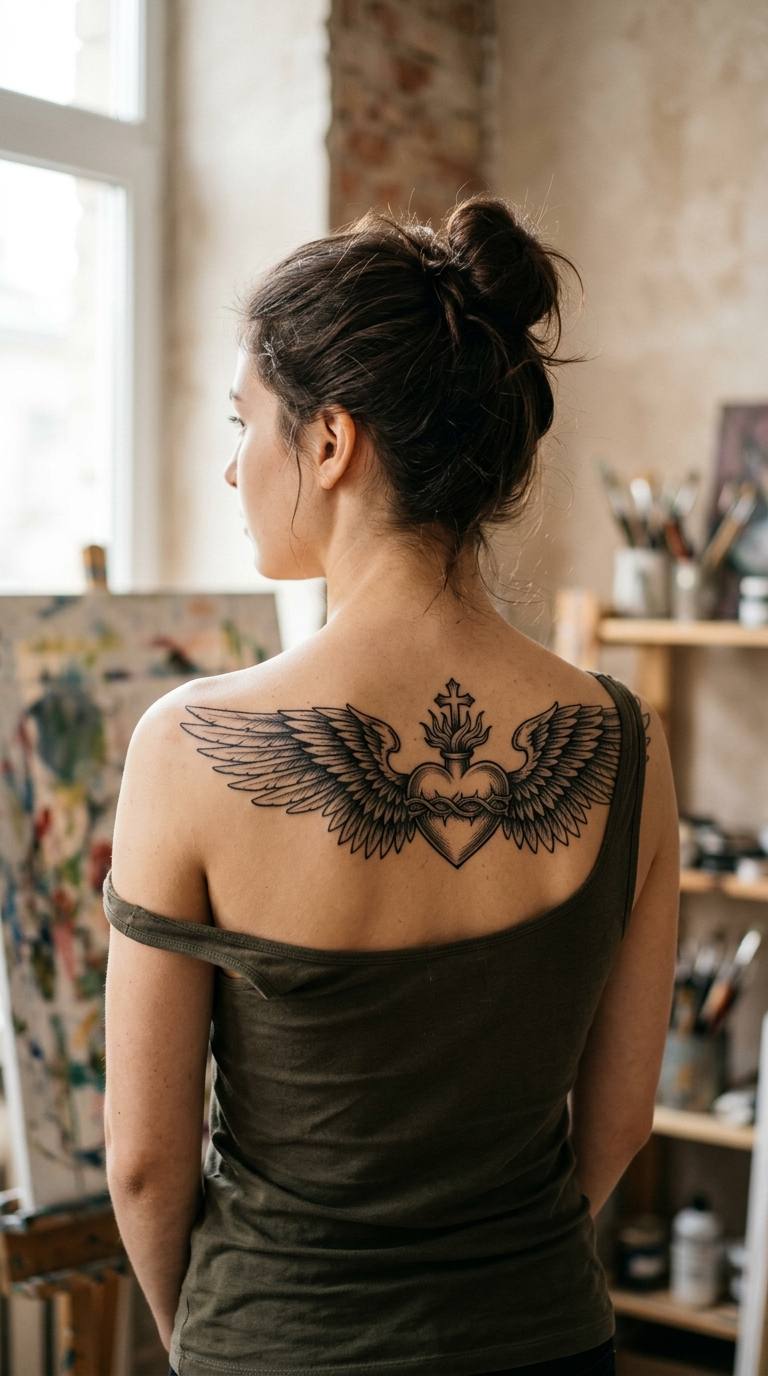 Sacred Heart with Wings tattoo idea for women