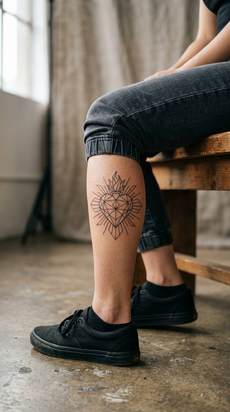 Geometric Sacred Heart tattoo idea for women