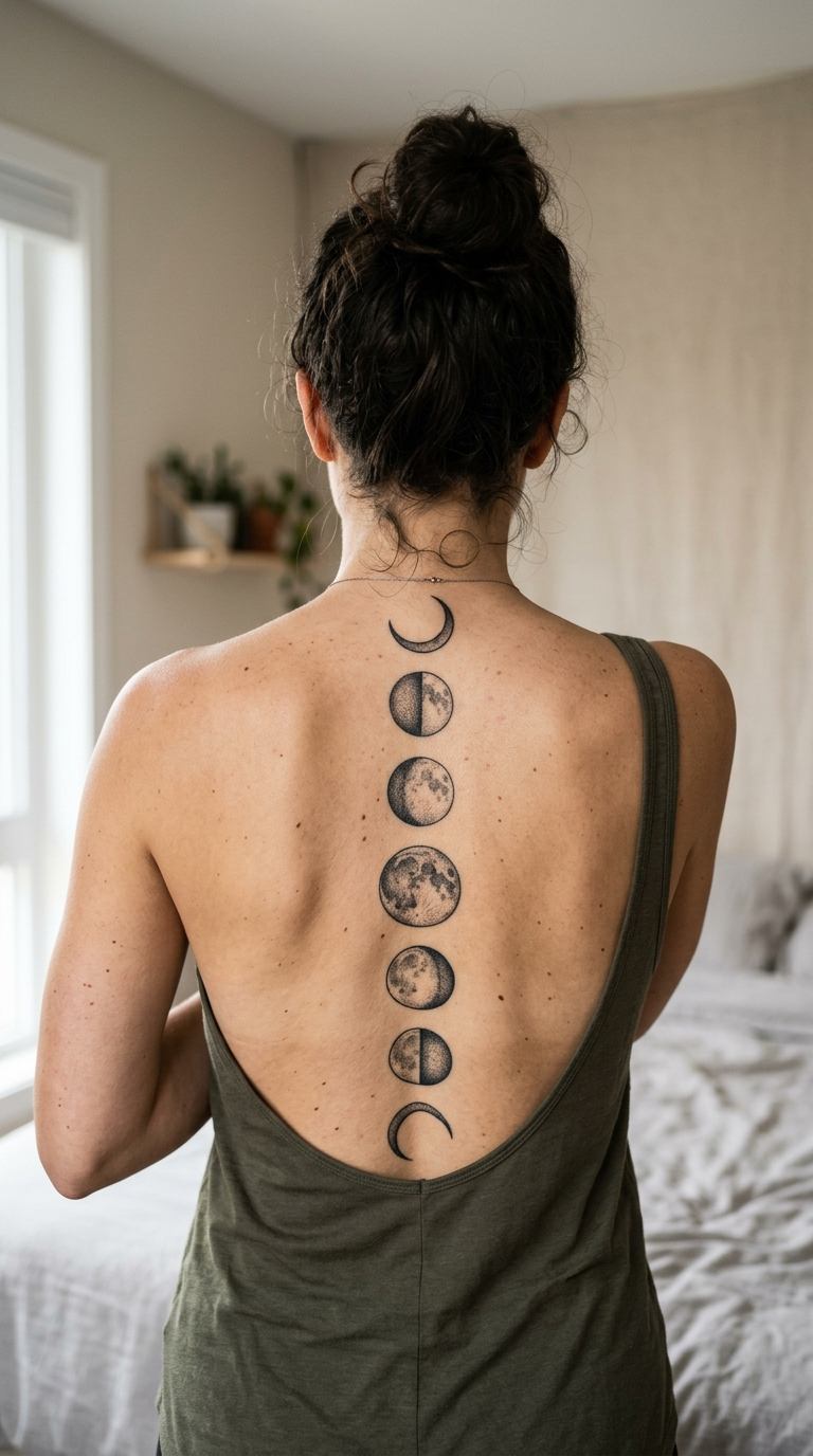 Vertical Moon Phases tattoo idea for women