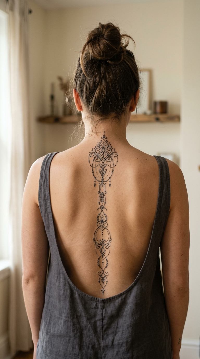 Ornamental Dagger Line tattoo idea for women